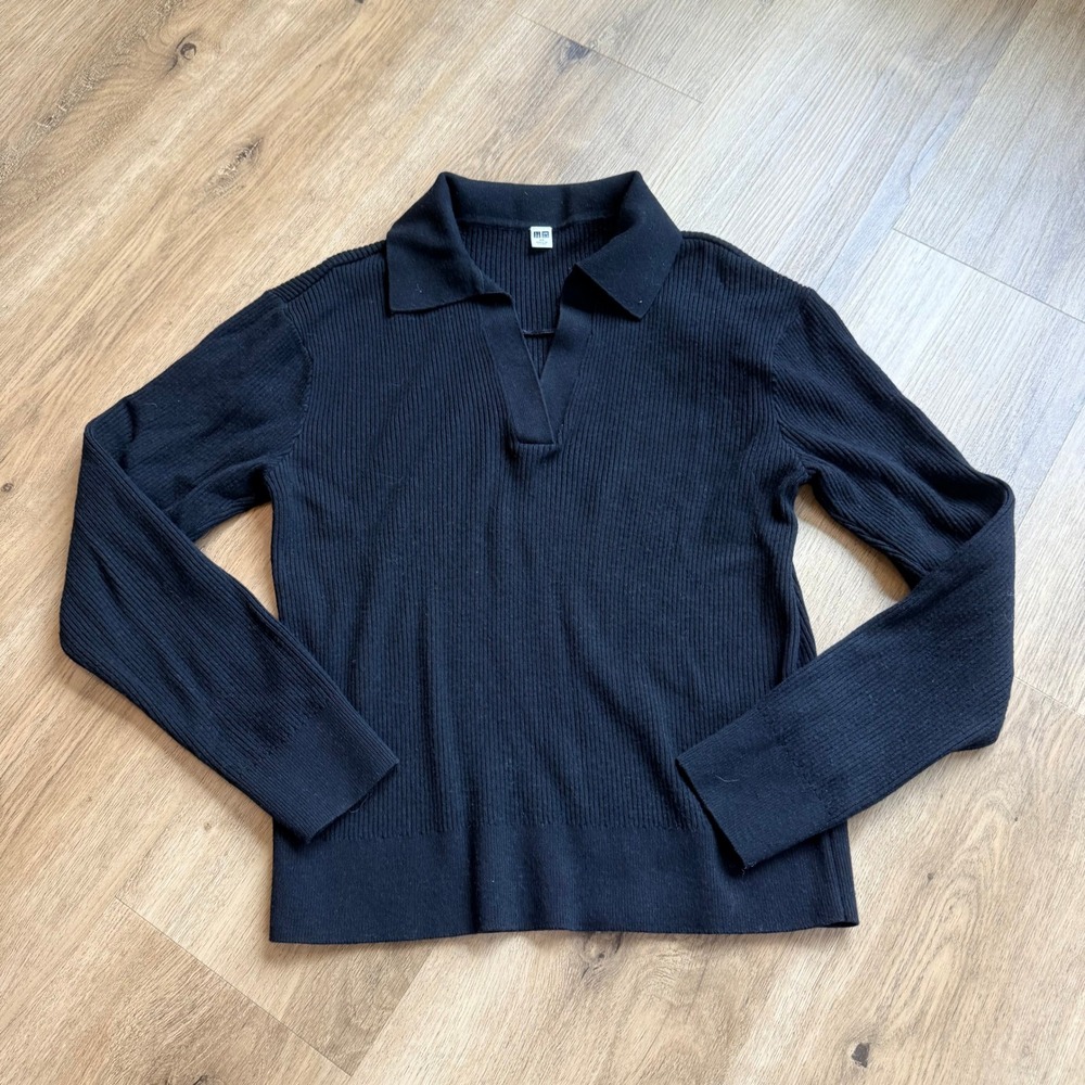 Uniqlo Ribbed Knit Polo Sweater Black Long Sleeve XS Quiet Luxury